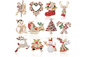 DTOFOOT 12 Stück Weihnachten Broschen Pins Strass Kristall Revers Weihnachts Anstecknadeln Emaille Weihnachtsbrosche Weihnachtsbaum Kranz Abzeichen für Damen Schmuck Party Geschenk Deko