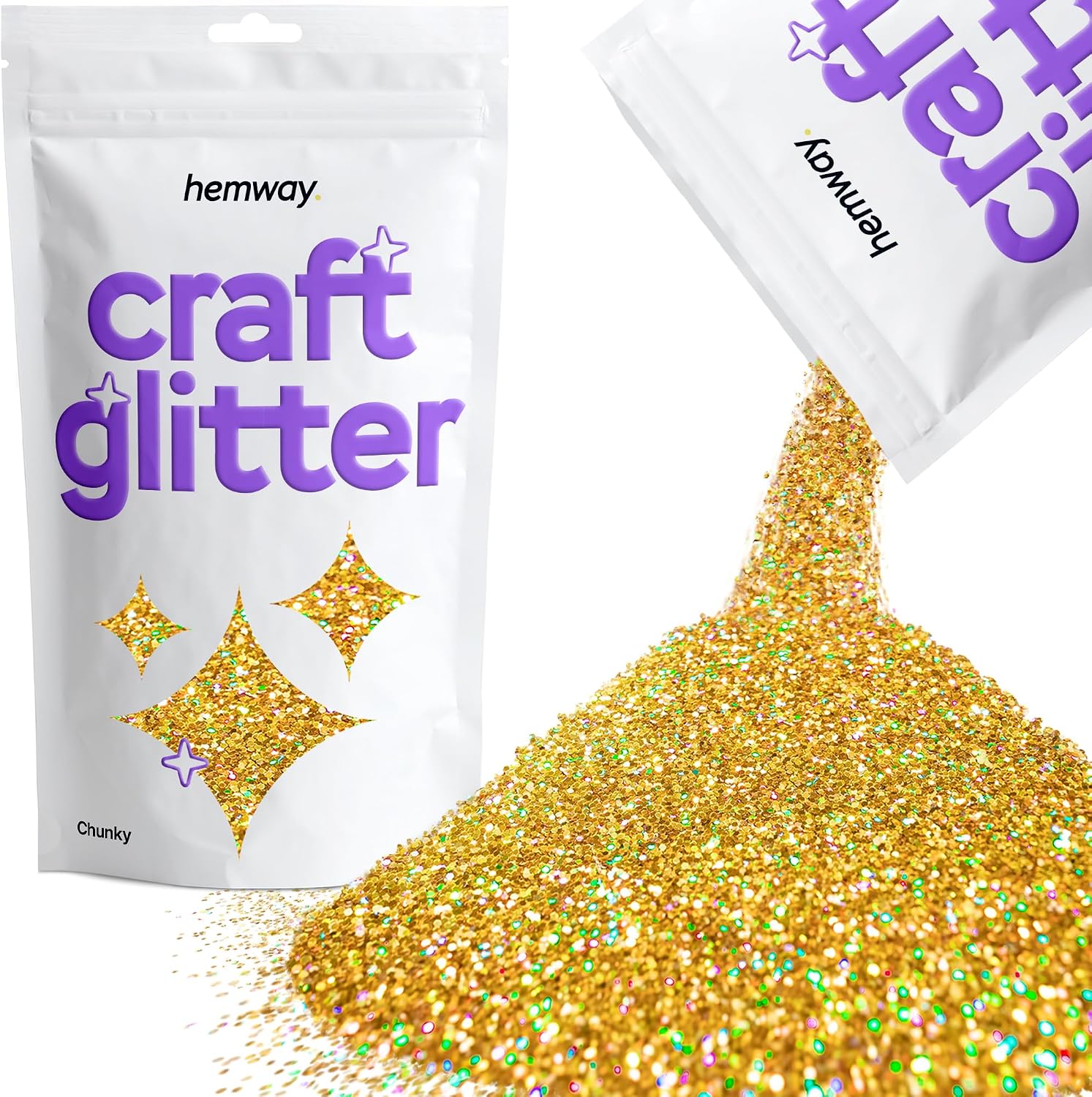 Hemway - Purpurina para manualidades, vasos, resina, epoxi, uñas, cera, álbumes de recortes, cristal, decoración de escuelas: dorado holográfico, gruesa (0,6 mm), 100 g