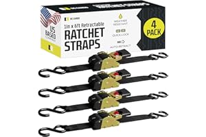 DC CARGO MALL DC Cargo - Auto Retracting Ratchet Straps (4 Pack 1 inch x 6') - Heavy Duty Tie Down Retractable Ratchet Straps - Easy Self Contained Black Ratchet Strap Tie Downs for Trailers, Vehicles, Boat