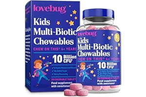 Lovebug Kids Probiotic Chewables - 10 Billion CFU with Prebiotics - Friendly Bio Cultures for Children & Toddlers (Age 4+) - 30 Chewable Berry Flavour Tablets - Gentle Support for Childrens Gut Health