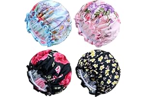 Yoosit 4 PACK Double Layer Waterproof Reusable Satin Shower Caps with Adjustable Bath Hair Caps Stretchy EVA Bathing Hats Bonnets Curly Long Braids Hair for Women Girls (pack of flowers)