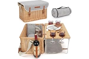 WILLOW WEAVE Weiden-Picknickkorb für 4, 4 Personen, Picknick-Set, Weidenkorb, Service-Geschenkset mit Decke, tragbarer Bambus-Wein-Snack-Tisch für Camping und Partys im Freien
