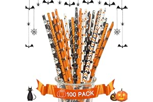 Halloween papperssugrör, 19,7 cm festdekoration, 100 stycken | Halloweensugrör, med halloweenmotiv i orange, svart och vitt