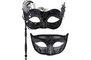 SIQUK 2 Stück Venezianische Maske Paar Maskerade Maske mit Stock Karnevalsmaske Augenmaske für Damen Herren Halloween Karneval, Schwarz