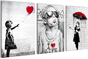 Novart Bilder Set Banksy Collage - Kein Extra Rahmen benötigt - Wandbilder für Wohnzimmer Büro Loft - 3 Teilig Deko Street Art - N003136a