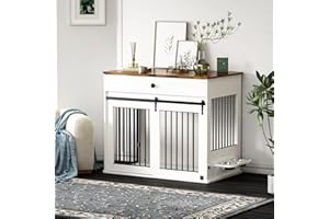 DAWNYIELD Dog Crate, Furniture Style Pet Crate with Sliding Doors, Wooden Indoor Dog Kennel Side Table with Drawer, Lockable Dog House with 360°Rotatable Bowl, White