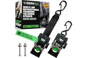 Rhino USA Retractable Boat Trailer Straps (2-Pack) - Heavy Duty 5cmx1.1m, 1300kg Tie Down Straps to Trailer - Ultimate Transom Tie Down Straps for Boat, Jet Ski & More! Stainless Steel
