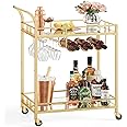 VASAGLE Drinks Trolley, Bar Cart, Serving Trolley with 2 Mirrored Shelves, Wine Holders, Glass Holders, for Home Bar, Kitchen, Dining Room, Gold LRC092A62