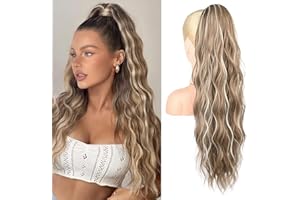 Brikabia Ponytail Extension, 66cm Lange Zopf Pferdeschwanz Haarverlängerung Beach Gewellt Natürliches Clip in Pferdeschwanz Haarteil Kunsthaar für Damen, Aschbraun mit Platin-Highlights