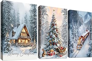 HALFLEMART 3Pcs Stampa su tela Con Cornice Albero di Natale Pittura Poster Slitte e Regali Treno Rosso Quadri su tela Quadri Moderni Soggiorno Camera da Letto Corridoio Decorazioni Murale 50x70cm x3