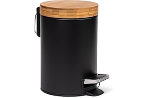 Kazai.® 3 Litros Cubo de Basura para el Baño de Diseñador - Bambú Superior | Cierre Suave | Anti-Huellas | Negro