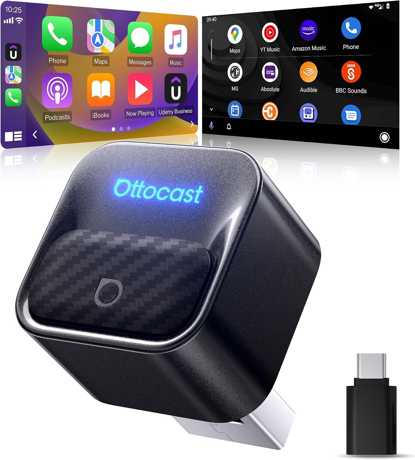 Ottocast Mini Core Adaptador inalámbrico CarPlay y Android Auto, Cambio de dispositivo con un clic, WiFi 6/BT 5.4 Conexión automática en 5s, Plug & Play para el 98% de coches con CarPlay/AA de fábrica