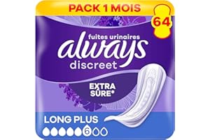 Always Discreet, 64 Serviettes Hygiéniques Incontinence Femme, Long plus 5 Gouttes, Protection Absorbante pour Fuites Urinaires Importantes, Pack 1 Mois