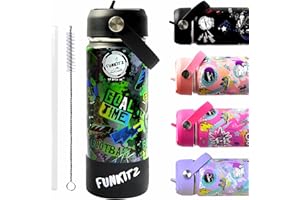FUNKITZ BY ATOZ UK Kids Insulated Water Bottle with Straw - Stainless Steel Water Bottle - Kids Water Bottles for School - Stainless Steel Kids Water Bottle - 515ml Girls and Boys Water Bottle (Football)