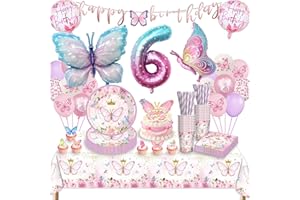 TERLUNNSI Schmetterling Partygeschirr Set, 6 Jahre Schmetterling Geburtstag Deko, Geburtstag Party Geschirr, Luftballons Pappteller Tischdecke für Geburtstagsdeko Mädchen Party Dekoration 16 Gäste