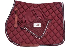 NASX SPORTS Saddle Pads with Matching Diamante Set Fly Veil Bonnet Ear bonnet Padded Numnah (COB, Burgundy with Blue piping)