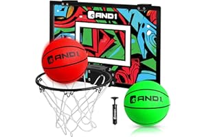 AND1 Mini-Basketballkorb: vormontierter Basketballkorb für den Innenbereich mit flexiblem Rand, 45,7 x 30,5 cm, inkl. Zwei entleerten Basketbällen und Aufblaspumpe, Basketballkorb für Kinder