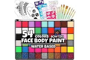 Bowitzki Face Paint Kit with 50 Colors, 8 sheets Stencils, 2 Glitters,10 Brushes, 1 Sheet Gems, Water Based Face Painting Kit, Safe Professional Halloween Party Makeup Set