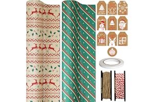 FullJoyHut 2 Rotoli di Carta Regalo Natalizio Kraft Riciclabile - 43cm x 15M per Rotolo, Carta da Regalo Vintage Renna Verde con Etichette, Corda e Nastro per Confezione Regalo di Natale