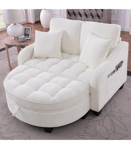 HMHKHN Sofa mit Schlaffunktion, Sofa Klein, Chaiselongue, 2-in-1 Schlafsofa, Aufbewahrungs-Hocker & 4 Kisse, für Kleine Wohnzimmer, Studienzimmer, Schlafzimmer, 132×129×93cm (Beige) Küche, Haushalt & Wohnen