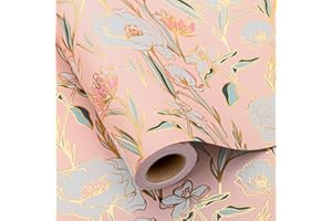 Wikadlik Rotolo di carta da regalo con fiori rosa, 43 cm x 10 m, elegante carta da regalo con motivo floreale dorato brillante per compleanno, matrimonio, festa della mamma, San Valentino