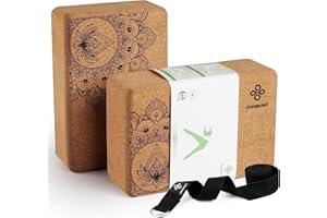 ‎OVERMONT Overmont Yogablöcke Kork 2er Set Yogaklotz - Yoga Block mit Yoga Gurt - Korkblock für Fitness Pilates Stretching und Meditation