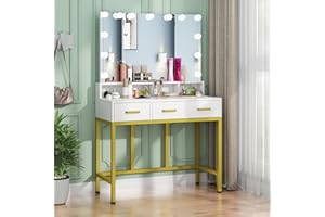 JOLIJOUR Toeletta con Specchio Tri-Pieghevole Specchiera Trucco con 4 Ripiani e 3 Cassetti Postazione Make-up Tavolo da Trucco Moderno per donne e ragazze Cosmetici Mobile da Toeletta 90*40*140CM Bianco