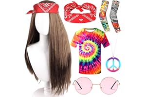 MZJAUVF Disfraz Hippie Años 70 y 80, Rockero Hombre Con Accesorios: Peluca, Diadema, Collar, Gafas y Mangas de Tatuaje Falso Para Halloween y Carnaval