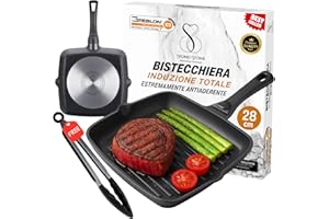 Stone&Stone Griglia Bistecchiera Quadrata 28 x 28CM manico rimovibile super antiaderente Piastra PROFESSIONALE a induzione in acciaio qualità TEDESCA Greblon C3+ padella grill per forno + pinza