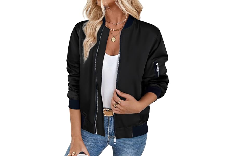 Zeagoo Bomber Jacket for Women Elegant Zip Transition Jackets Short Lightweight Flight Jackets Autumn Long Sleeve Jacket with Pockets XS-3XL