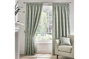 Dreams & Drapes Green Jacobean Curtains W90 x L90" (229 x 229cm) - 2 Panels - 100% Cotton - 2 Tie Backs - Floral Pencil Pleat Drapes - Vintage Light Green
