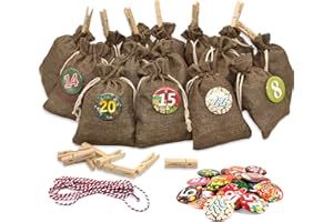 MIUEZUTH Adventskalender zum Befüllen Groß (13x17cm), Weihnachtskalender Jutesäckchen Selberfüllen, 24 jutebeutel Kette zum selber befüllbar und Aufhängen, 2023 Geschenksäckchen für Kinder Männer Dunkelbraun