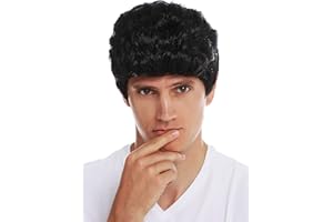 WIG ME UP- SARL084-P103 Peluca Carnaval Halloween Hombres Pelo Corto Ondulado tupé Patillas los 50 los 60 Negro
