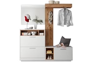 MILANO Kompaktgarderobe in Weiß, Wildeiche Optik - Modernes Flurgarderoben Set mit Spiegel für Ihren Eingangsbereich - 177 x 195 x 32 cm (B/H/T)