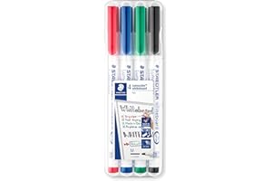 Staedtler Lumocolor 301, Feutres pour tableau blanc effaçables à sec, Sans xylène ni toluène et quasi-inodore, Pointe ogive de 1 mm, Étui chevalet avec 4 couleurs assorties, 301 WP4
