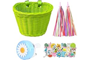 PORUPAEL Zestaw koszy rowerowych dla dzieci, ręcznie tkany, kosz rowerowy dla dzieci, z zapasowymi skórzanymi paskami, urocza naklejka, frędzle i dzwonek rowerowy, akcesoria rowerowe do roweru biegowego