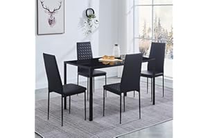 TRESBIEN Dining Table and Chairs Set 4, Modern Glass Table and Chairs Set 4 (Black, 120CM table with 4 black chairs)