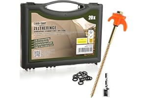 COM-FOUR® Piquetas de Tienda 20x, piquetas de Acero robustas con Soporte para Hilo y Cuerda, piquetas para Suelo de Roca para Acampar, Caja con Ganchos para Tienda de campaña para Suelo Duro y Madera