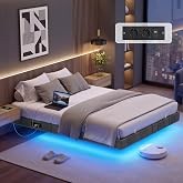 VASAGLE Floating Bed Frame, 140 x 200 cm, LED, 2 Power Outlets | Padded edges, USB port 2A+1C, load 500 kg, KACY collection R