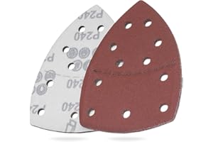 YoiYee 240 Grit Sanding Sheet Set, Mouse Detail Sander Sandpaper, Delta Triangular Sand Paper Pad, Hook and Loop Fastening, 11 Holes, Accessories for Multi-Sander, Red, 10 Pack