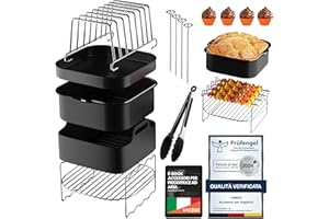 UNBOX Accessori Friggitrice ad Aria, 15 Pezzi per Philips NA230 6,2L, Cosori 5,5L, 6L, Cecotec 5,5L, 6L, Moulinex 6,5L, Ariete 6L, Tristar 8L - Accessori Airfryer Quadrata XXL Con Teglia in Silicone