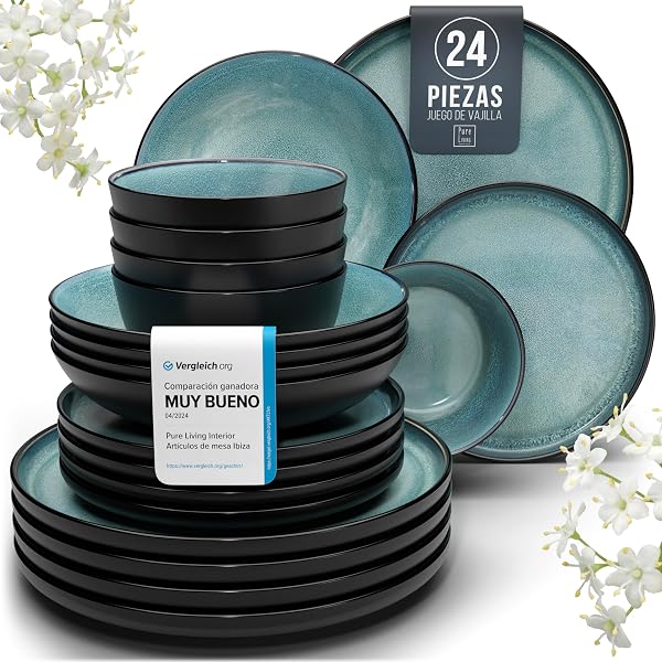 Juego de Vajilla de Steingut Ibiza para 6 Personas - 24 Piezas, Set de Vajilla para Lavavajillas y Microondas - Moderno Juego de Platos - Servicio de Pure Living en azul humo - 1