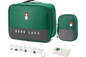 WuGU torba na lekarstwa, 2 szt.przenośna torba na lekarstwa, pusta torba pierwszej pomocy z 2 pudełkami na tabletki, torba do przechowywania leków, do szkoły, na podróż, kemping i wędrówki (zielony)