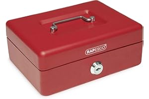 Rapesco SB0008R1 Caisse à Monnaie en Métal avec Serrure, 3 Clés et Plateau Amovible, Taille 20 cm, Rouge