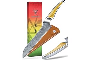 SANMUZUO Acciaio Damasco Coltello da Pane Seghettato da 20CM, coltello da cucina da taglio per il pane ultra affilato con impugnatura a codolo intero in resina Giallo, serie LA-S9