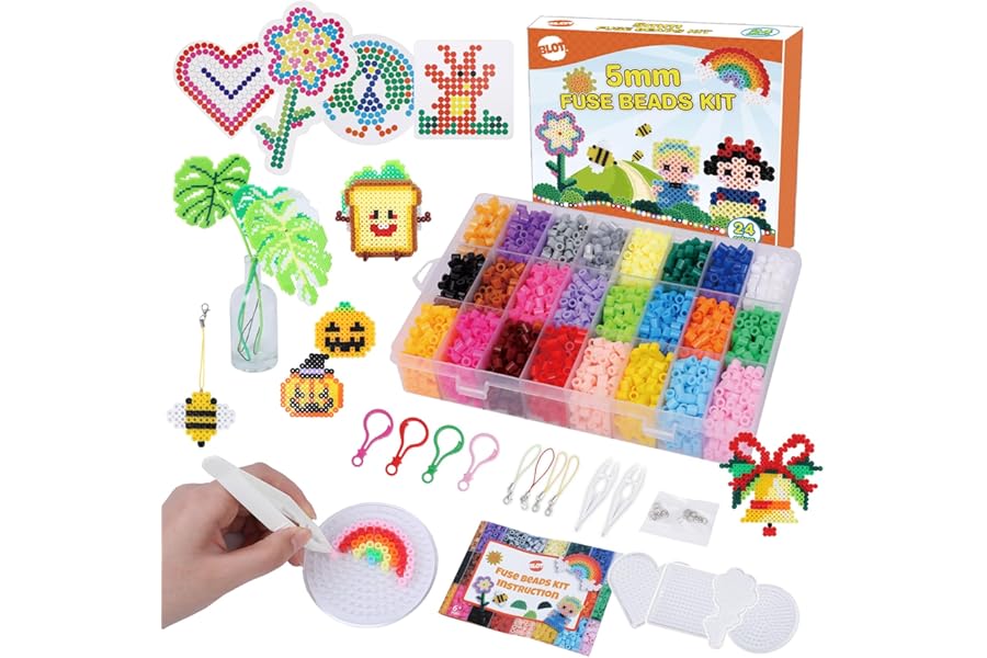 Fuse Beads Kit 24 Colors 5mm Iron Beads for Kids with Pegboards Tweezers Ironing Papers Keyrings Fuse Bead Craft Kit for Boys Girls DIY Crafts