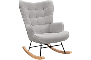 TIMORWTF - Sedia a dondolo/poltrona da allattamento in velluto Teddy con gambe in legno massello, per soggiorno, camera da letto, balcone (grigio chiaro)