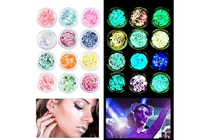 OBRJOYFLY 12 Colori Fluorescente Paillettes per Corpo, Brillantini Make Up Bagliore Nel Buio, Brillantini Corpo per Viso Nails Occhi Capelli Corpo, Brillantini Viso Festival Feste, Halloween, Musicali, Natale