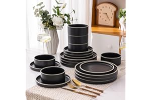 LeRatio Dinner Set for 6, 18 Piece Stoneware Plates and Bowls Set, Chip and Scratch Resistant Dinnerware Set, Oven & Dishwasher & Microwave Safe Crockery Set (Speckle Black-White Rim, Service for 6)