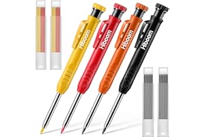 HIBOOM Crayons de Charpentier avec Taille-Crayon Intégré 4 Crayons de Menuisier Mécaniques 24 Recharges Set de Crayon de Traçage à Trous Profonds Marqueur de Travail de Bois (Noir, Orange, Rouge, Jaune)